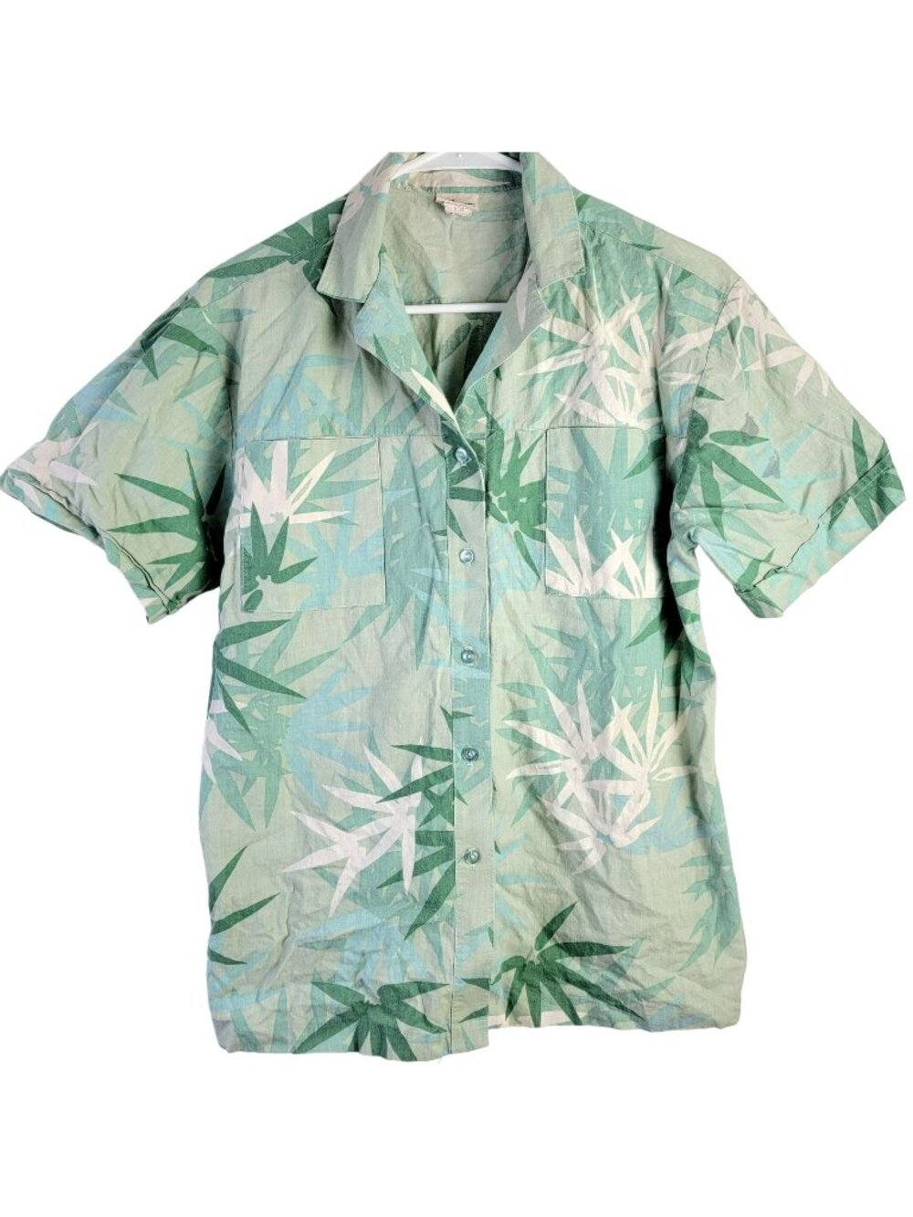 Vintage 80s Tropical Palm Button Shirt Women Large Green Top Collar Casual 12 14